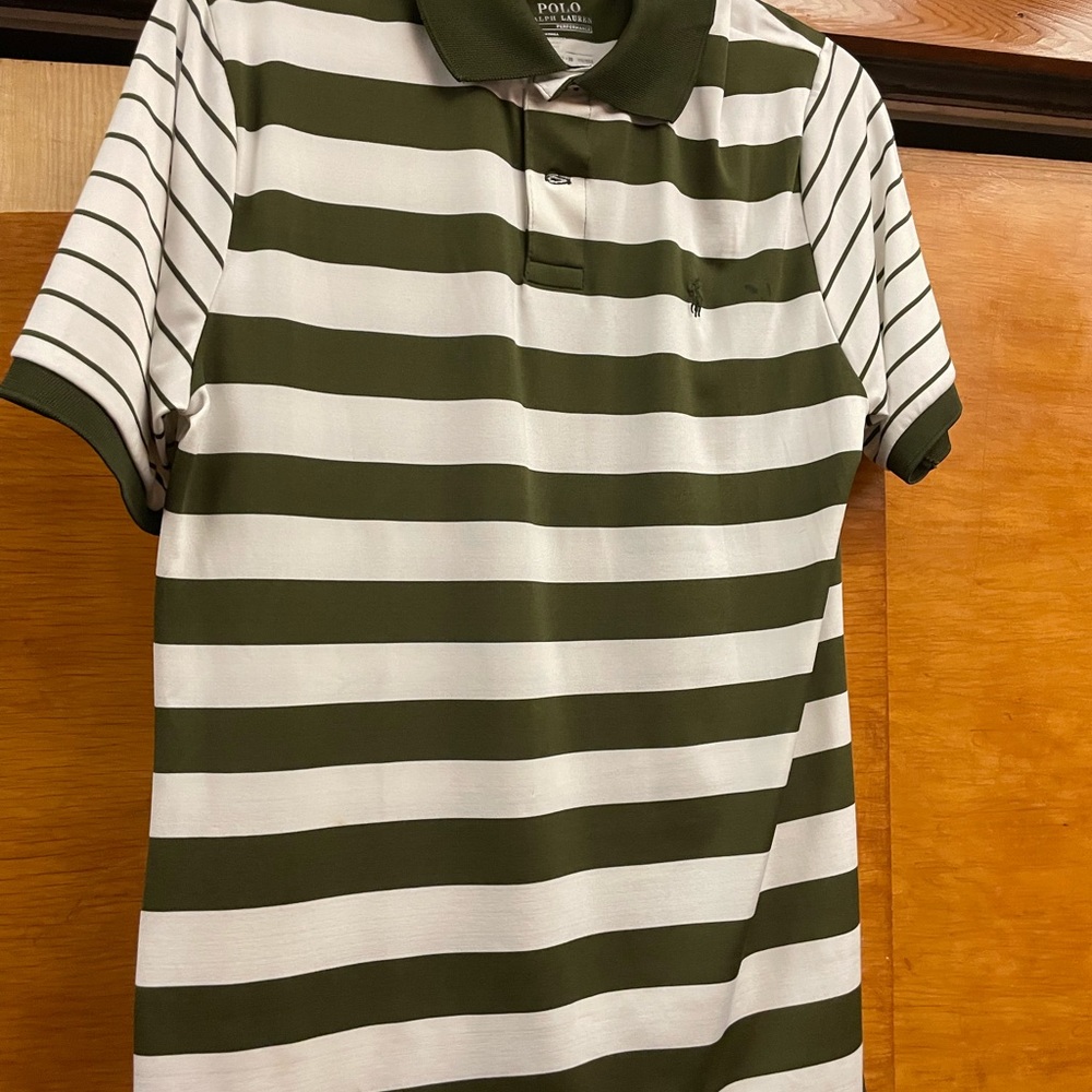Polo by Ralph Lauren Olive Green striped polo, boys size 18-20. NEW.